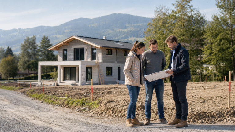 Architekt und Bauherr:innen prüfen einen Lageplan auf einem österreichischen Baugrundstück