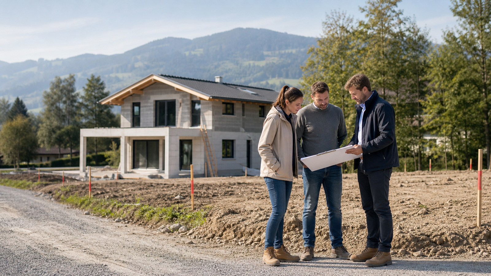 Architekt und Bauherr:innen prüfen einen Lageplan auf einem österreichischen Baugrundstück