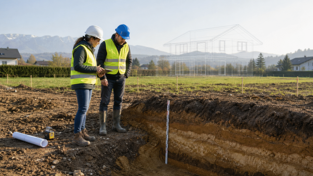 Geotechnikerin und Planer prüfen Bodenschichten in einem Erkundungsschurf vor dem Hausbau