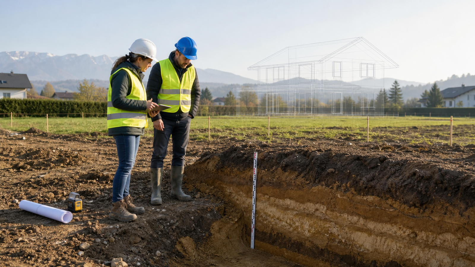 Geotechnikerin und Planer prüfen Bodenschichten in einem Erkundungsschurf vor dem Hausbau
