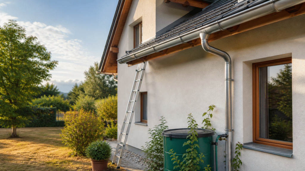 Dachrinne und Fallrohr an einem Haus mit Regentonne im Spätsommer