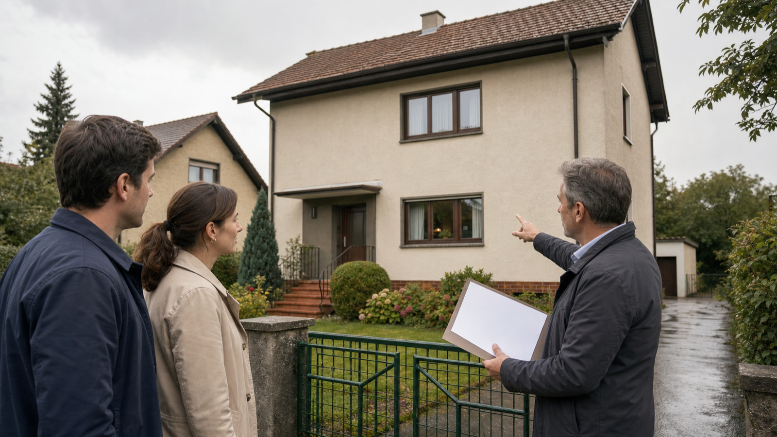 Käuferin und Käufer prüfen einen Energieausweis vor einem österreichischen Einfamilienhaus