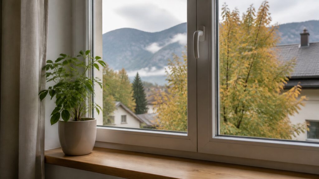 Fenster an einem österreichischen Wohnhaus im frühen Herbst