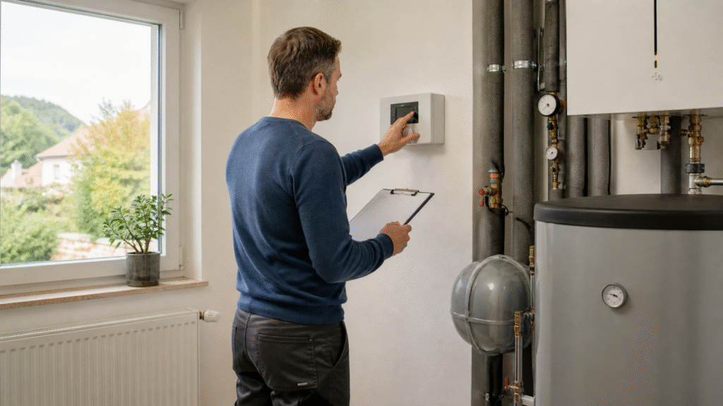Hausbesitzer prüft vor der Heizsaison die Steuerung einer Heizungsanlage