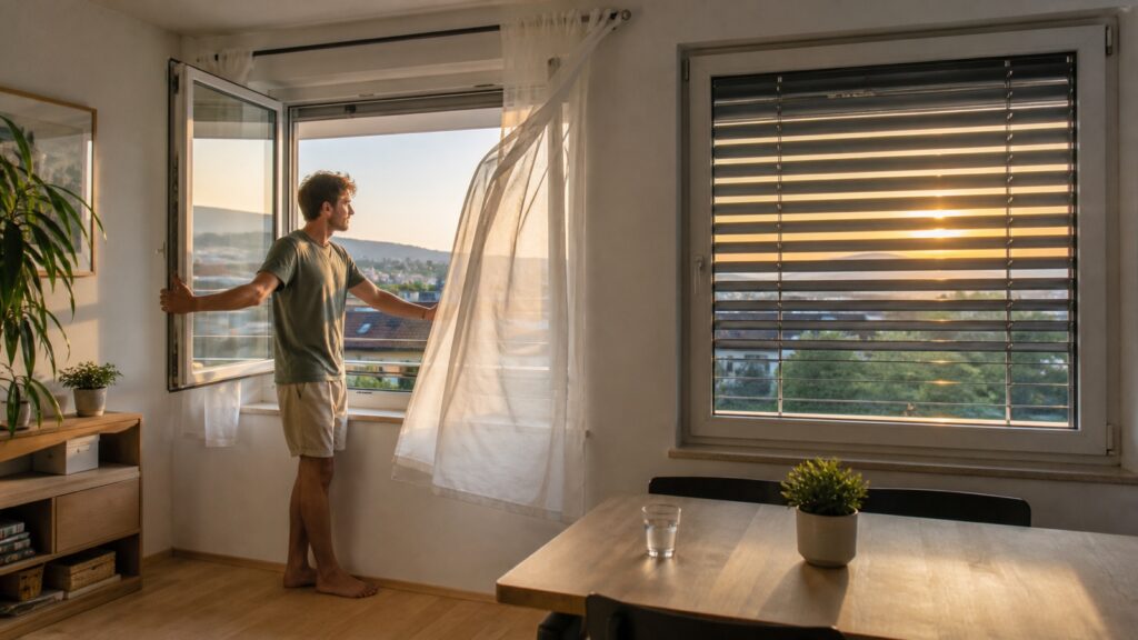 Bewohner lüftet frühmorgens eine Wohnung mit außenliegendem Raffstore