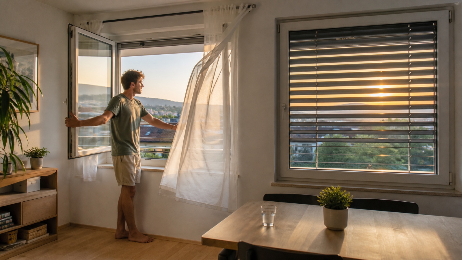 Bewohner lüftet frühmorgens eine Wohnung mit außenliegendem Raffstore