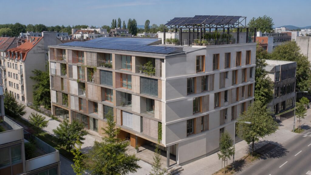 Energieeffizientes Gebäude in Österreich mit Photovoltaik und außenliegendem Sonnenschutz