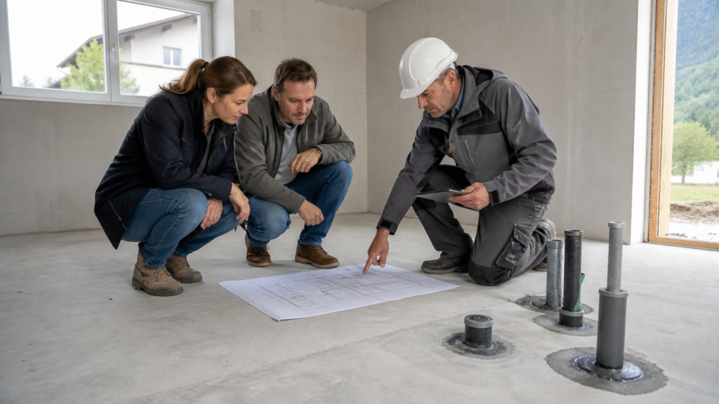 Hausquerschnitt mit abgedichteter Bodenplatte, Radonwegen und Messgerät bei der Radonschutz-Planung