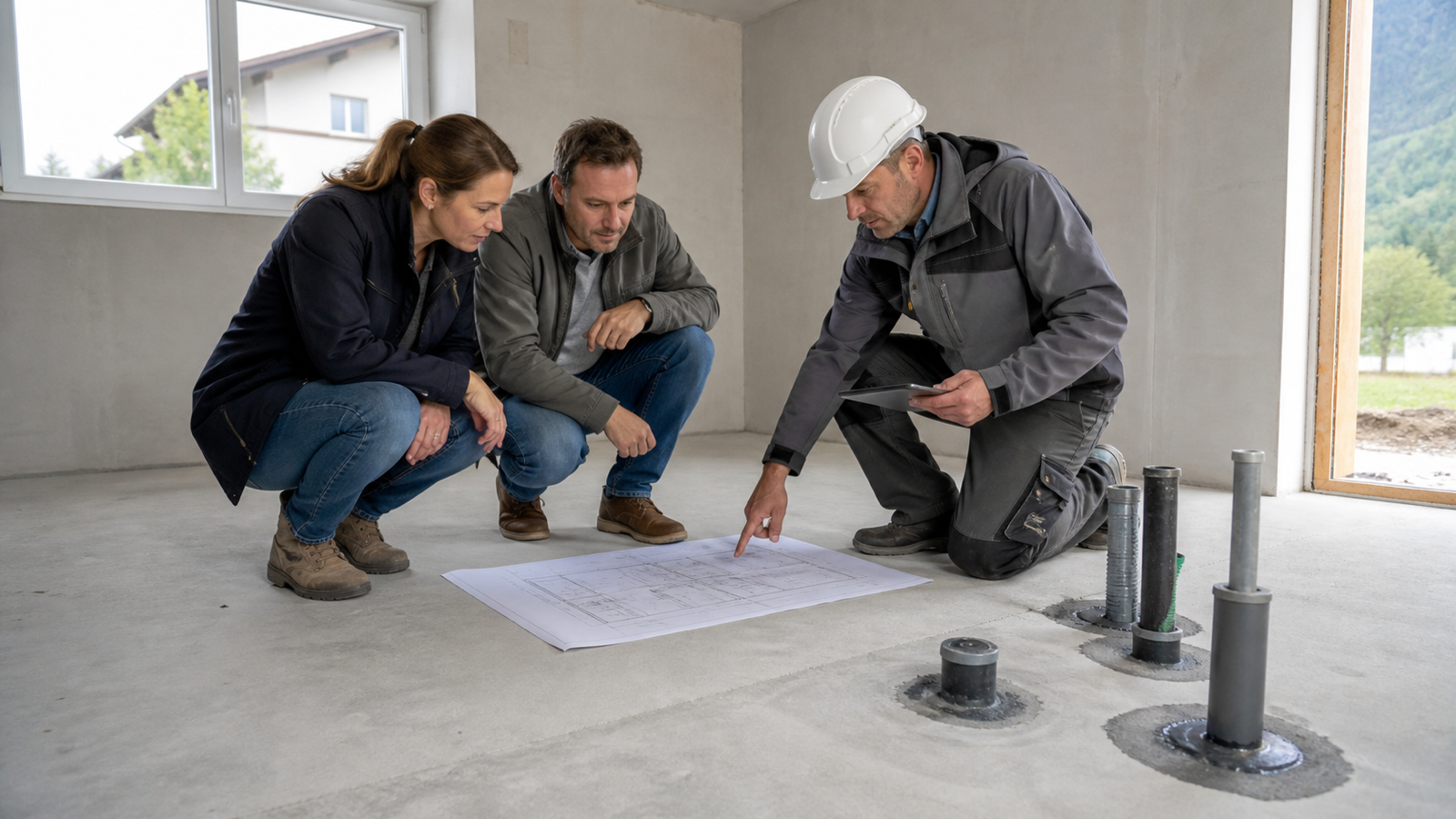 Hausquerschnitt mit abgedichteter Bodenplatte, Radonwegen und Messgerät bei der Radonschutz-Planung