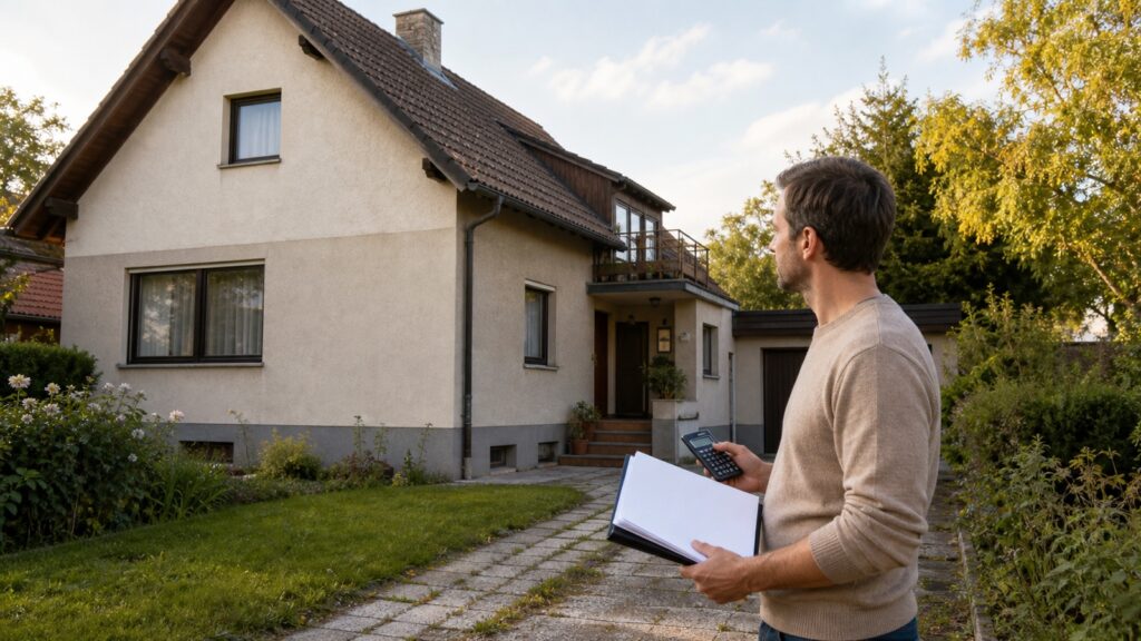 Hausbesitzer prüft mit Mappe und Taschenrechner die nächsten Sanierungsschritte vor einem österreichischen Wohnhaus