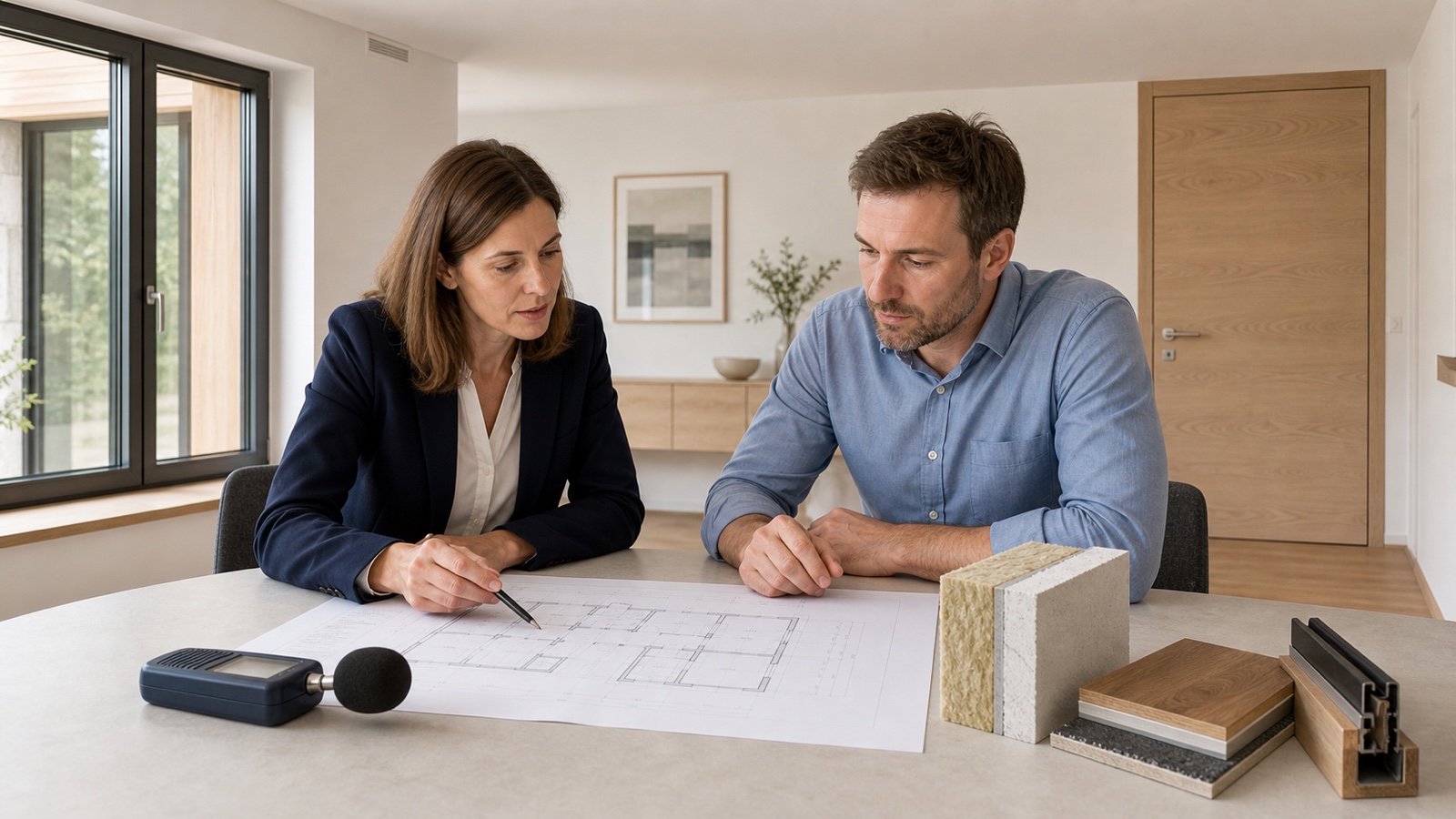 Architektin und Akustik-Fachplaner planen den Schallschutz eines neuen Hauses