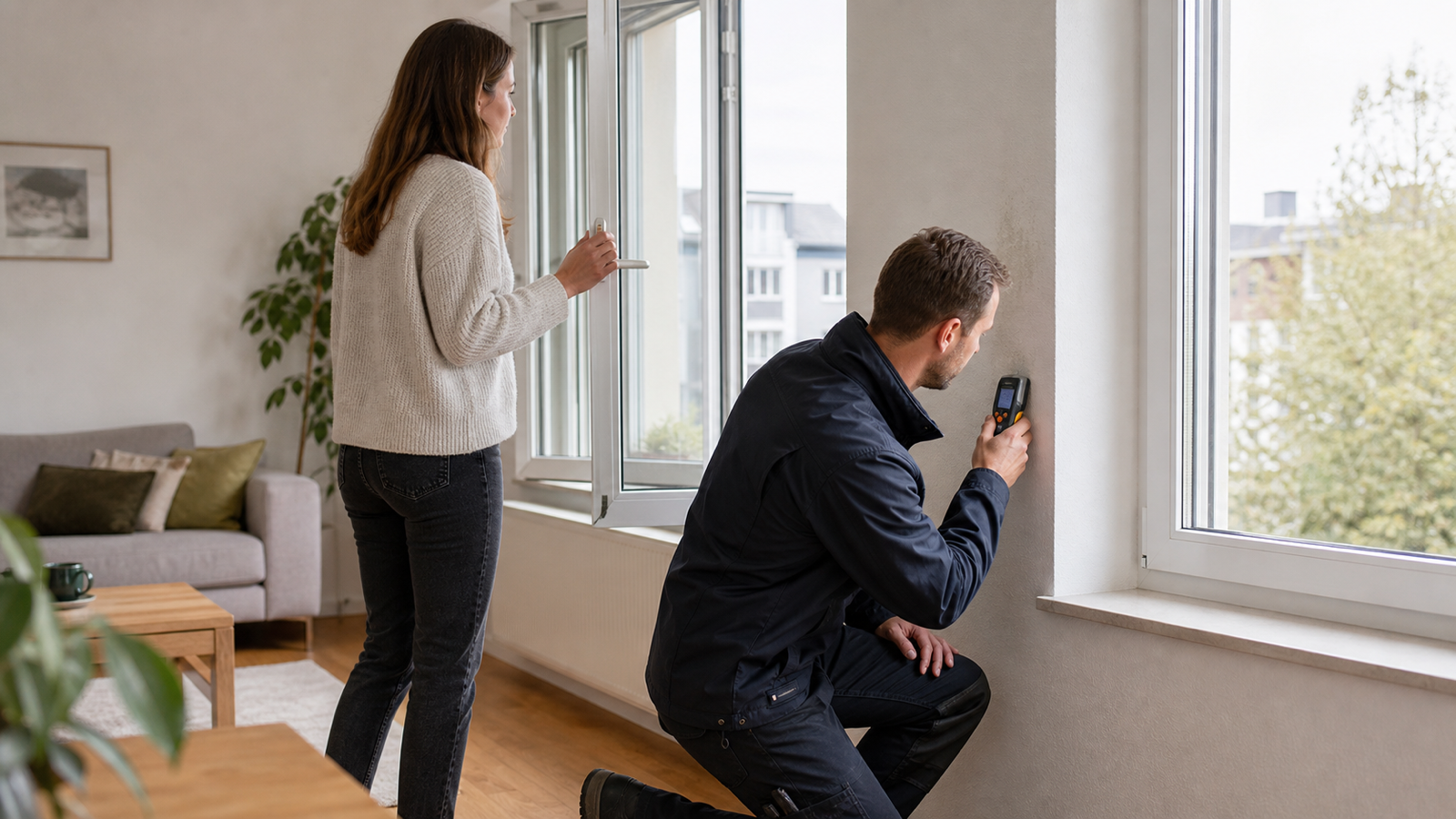 Fachmann prüft eine feuchte Fensterlaibung in einer österreichischen Wohnung