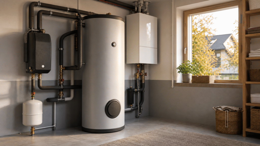 Warmwasserspeicher und gedämmte Leitungen in einem österreichischen Hauswirtschaftsraum