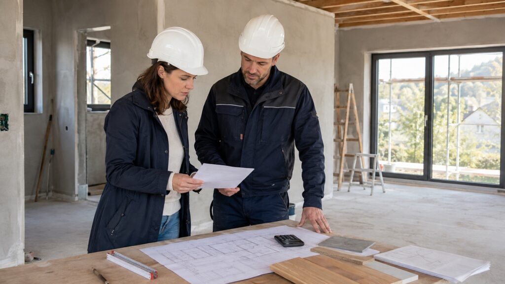 Bauherrin und Bauleiter prüfen ein Bauangebot auf einer österreichischen Baustelle