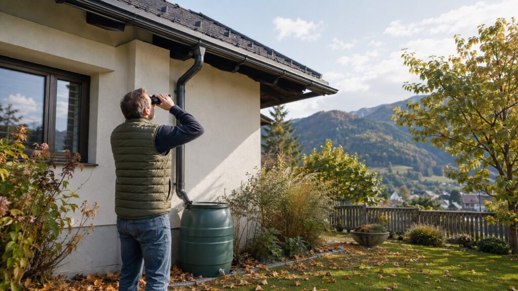 Regentonne am Fallrohr eines Hauses im herbstlichen Garten