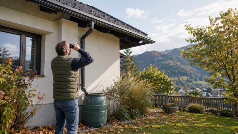 Regentonne am Fallrohr eines Hauses im herbstlichen Garten