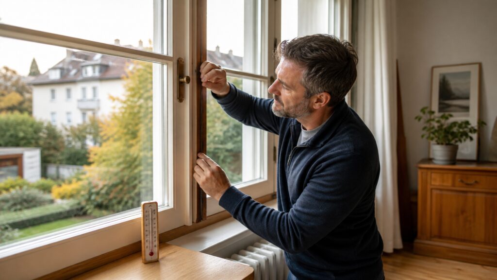 Bewohner prüft die Dichtung eines Fensters in einer österreichischen Wohnung