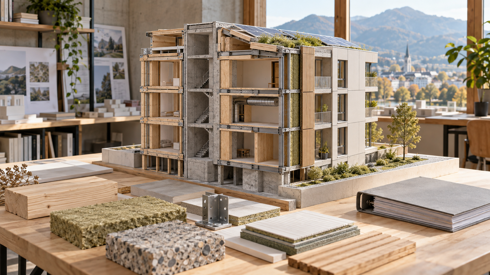 Gebäudemodell mit demontierbaren Bauteilen und Materialproben für die Lebenszyklusplanung