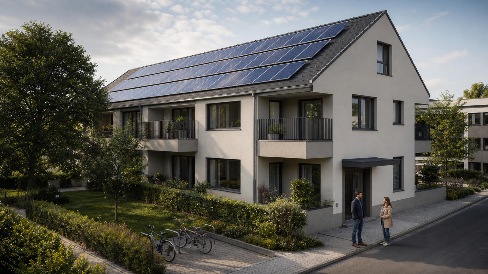 Mehrparteienhaus in Österreich mit Photovoltaikanlage und zwei Bewohner:innen vor dem Eingang